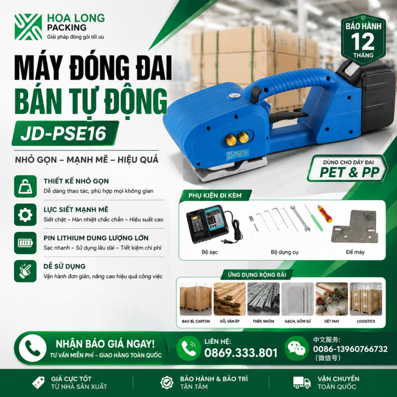 Máy đóng đai bán tự động JD-PSE16 - Hoa Long Packing