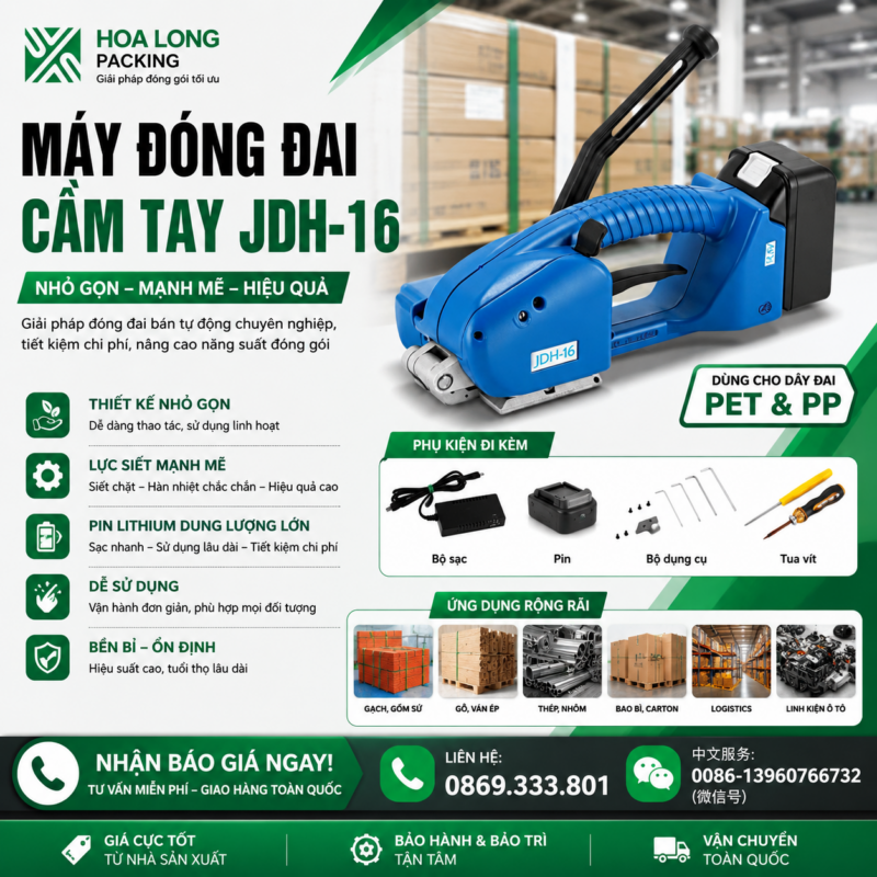 Máy đóng đai bán tự động JDH-16 - Hoa Long Packing
